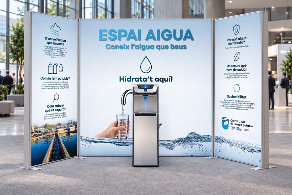 Espai Aigua de la Càtedra ATL de l’Aigua Potable: vista frontal dels plafons i del dispensador.