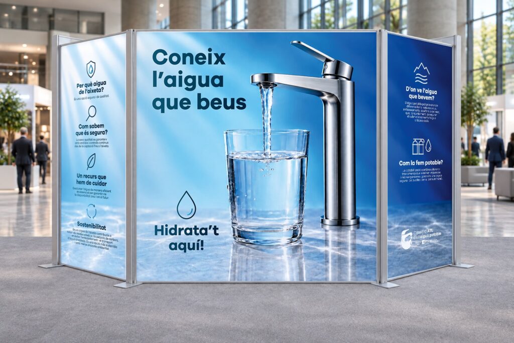 Espai Aigua de la Càtedra ATL de l’Aigua Potable: vista posterior amb l’aixeta, el got i els plafons informatius.
