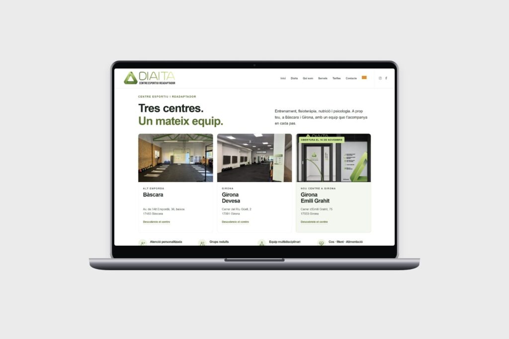 Renovació del web de Diaita: portada amb els centres de Bàscara i Girona en ordinador.