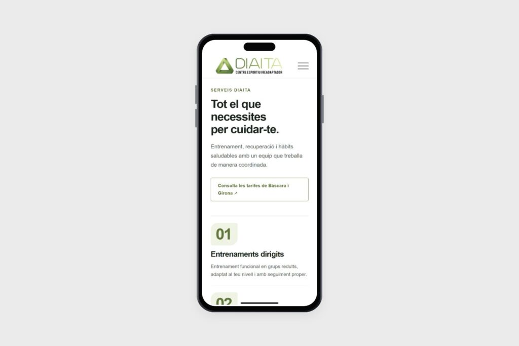 Renovació del web de Diaita: pàgina de serveis adaptada a mòbil.