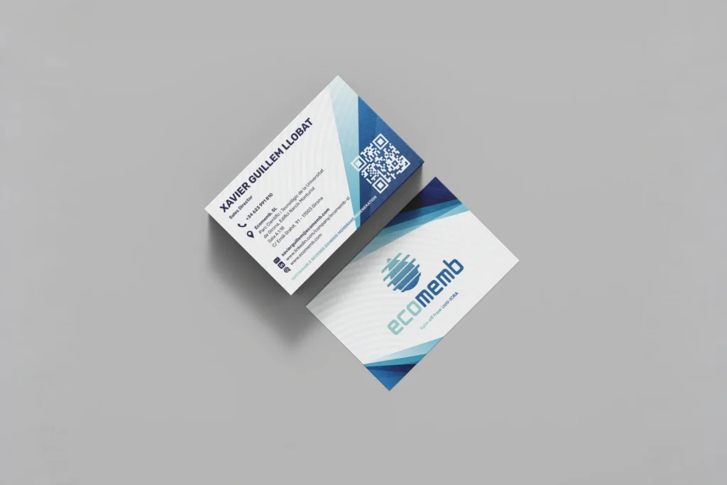 Tarjetas de visita de ECOMEMB con logotipo y datos de contacto