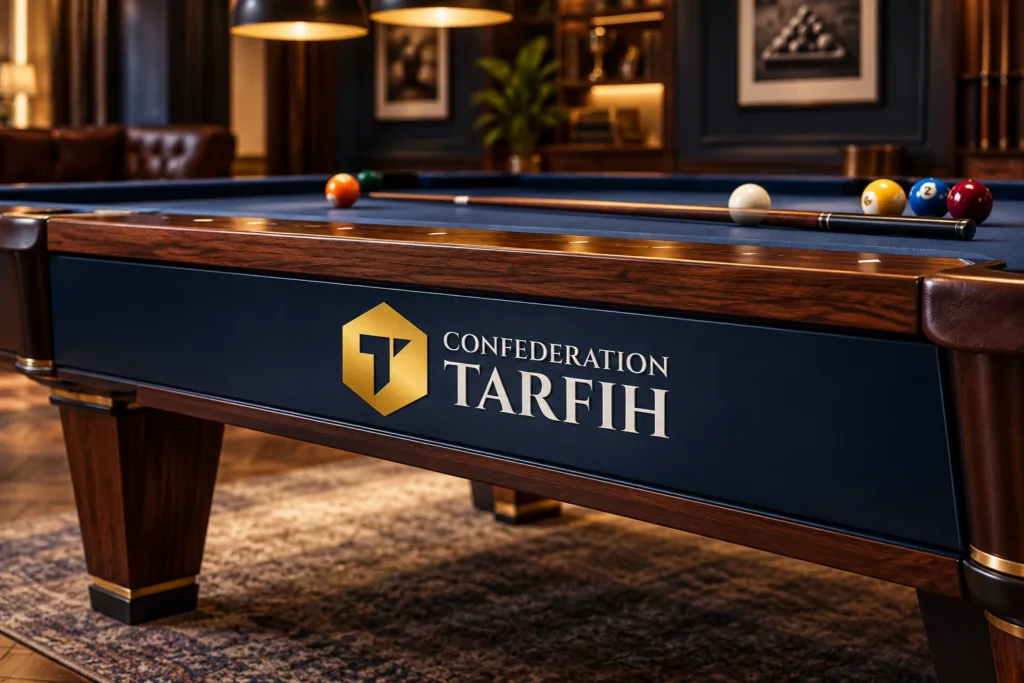 Mesa de billar con el logotipo dorado de Confederation Tarfih sobre azul marino.