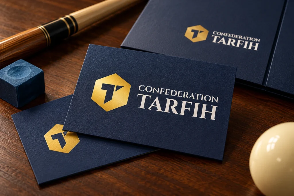 Papereria corporativa de Confederation Tarfih en blau marí i daurat.